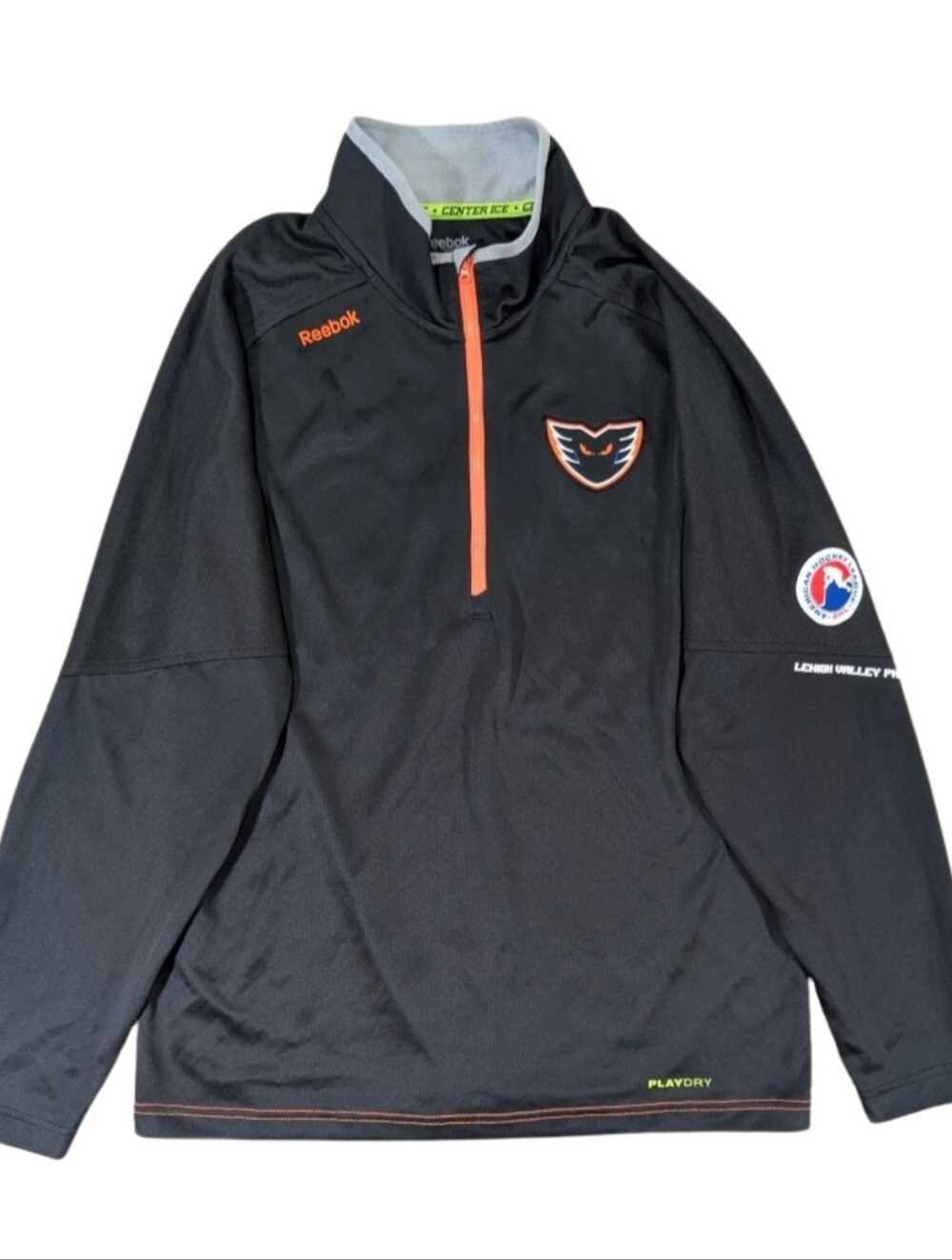 Reebok Lehigh Valley Phantoms Center Ice 1/4 Zip Pullover Mens L Gray Orange